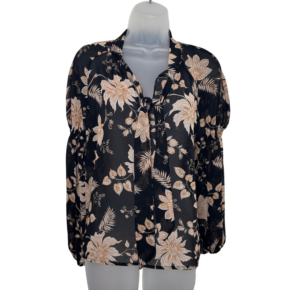 Sanctuary  Floral Tie Neck Cinched Balloon Sleeves Sheer Top Blouse Womens‎ XS